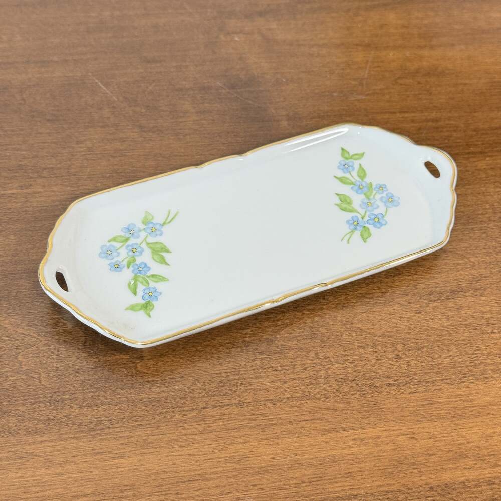Vintage 1984 Hand-Painted Forget-Me-Not Porcelain Serving Tray Dish with Gold
